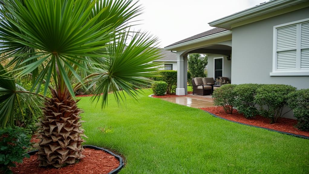 A lush green lawn with a palm tree and a patio in the background.