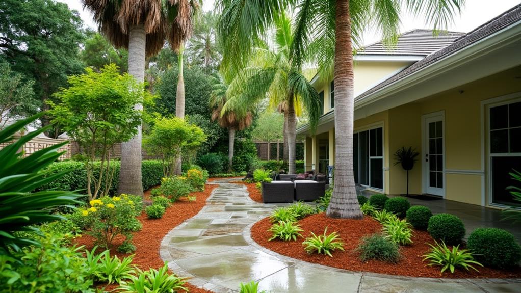 A lush tropical landscape with a stone pathway, palm trees, and colorful flowers